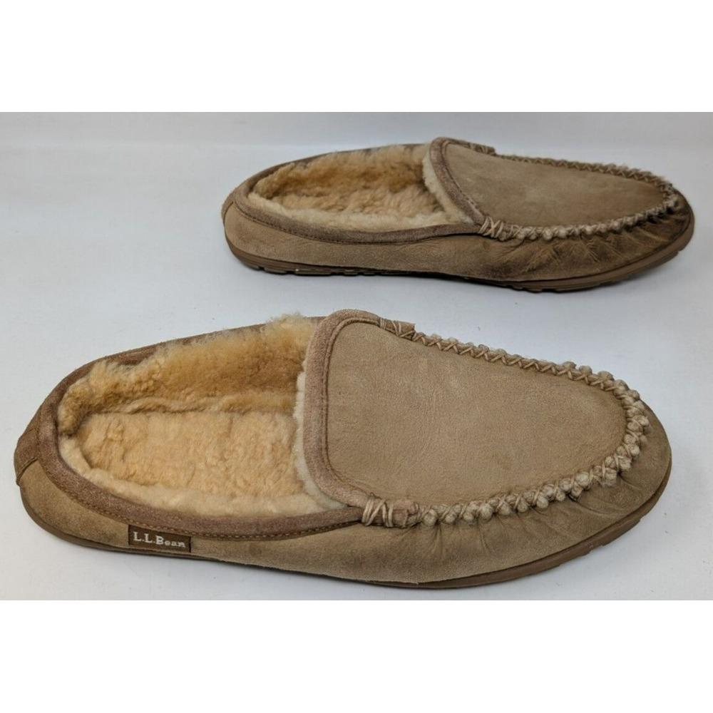 L.L. Bean Wicked Good Scuff Slippers Mens‎ Size 9M Brown Leather Sheepskin Flat